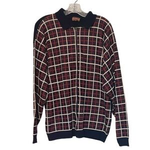 Vintage Chevignon Men’s Plaid Zip Up Cardigan Size XL Navy Blue Red Whit…